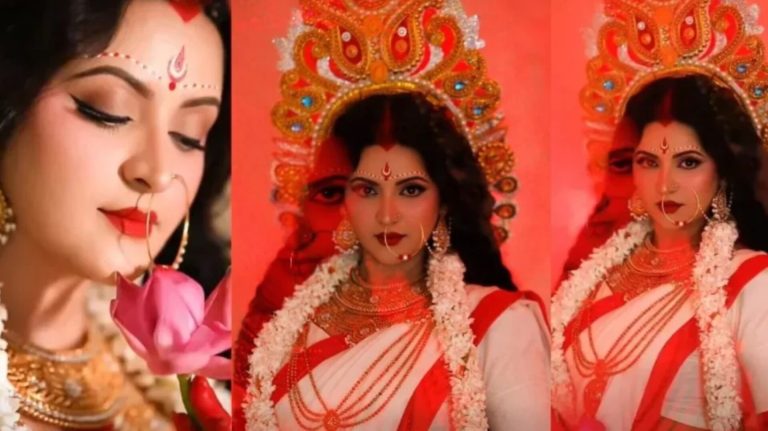 পদ্মফুল হাতে দুর্গারূপে পরীমণি, নেটদুনিয়ায় তুমুল সাড়া